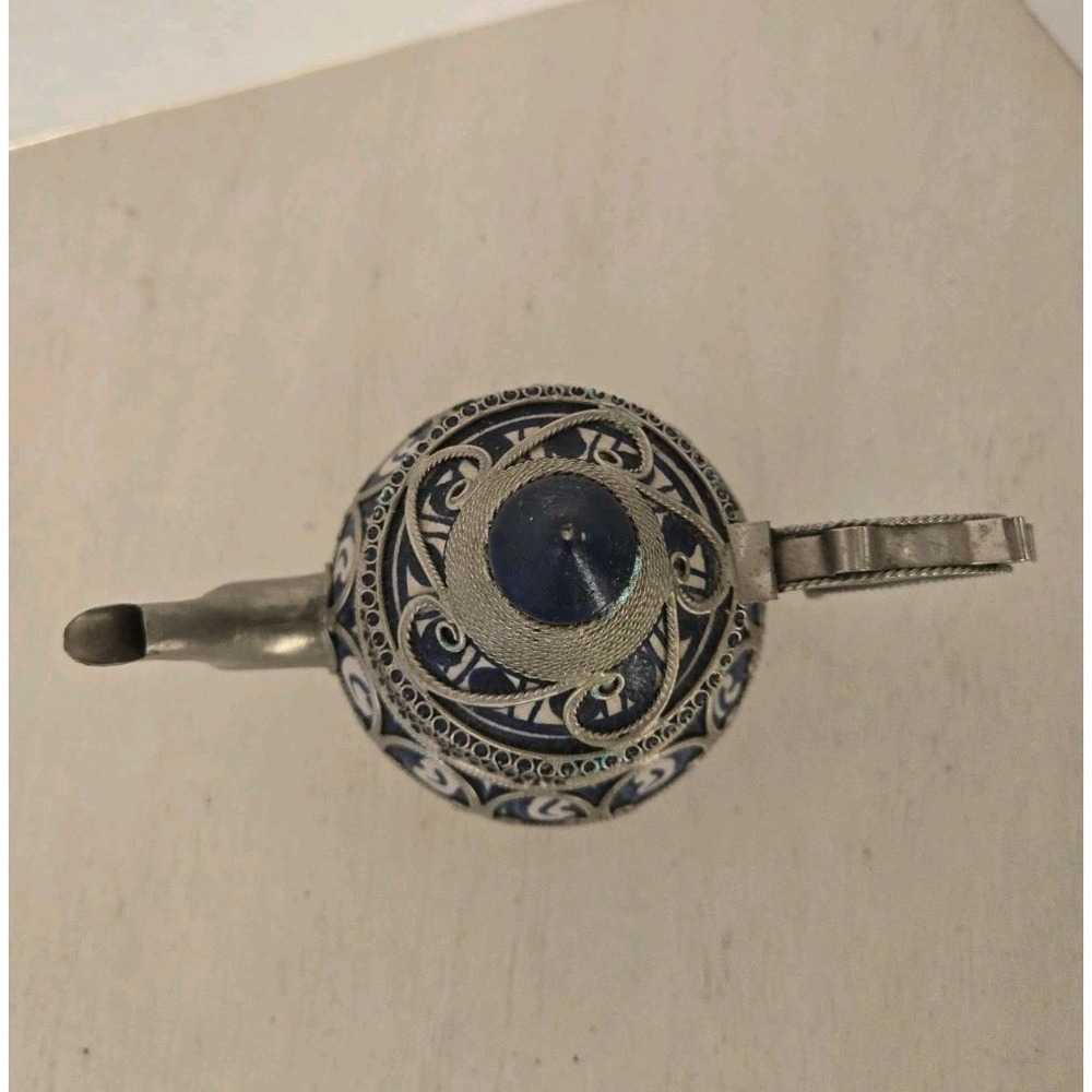 Moroccan Teapot Ceramic Silver Tone Filigree Vintage Blue & White Ceramic 6.5" - Picture 16 of 16